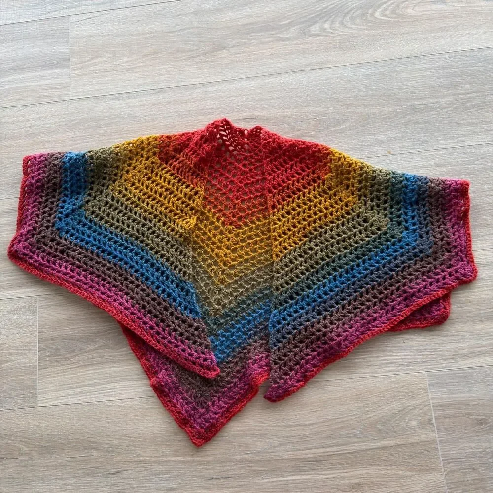 Handmade Rainbow Crochet Granny Stitch Triangle Shawl Wrap Grandma Retro OOAK